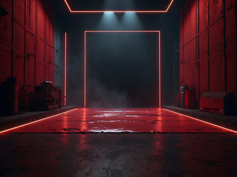 Dark stage with red background design, empty scene, neon lights, spotlights, concrete floor, and smoke for product display design.