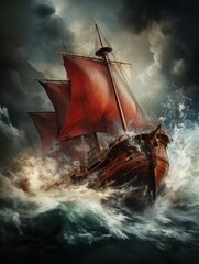 A ship navigates through turbulent waters and crashing waves in a stormy sea