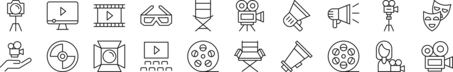 Collection of thin line icons of movie. Editable stroke. Simple linear illustration for web sites, newspapers, articles book