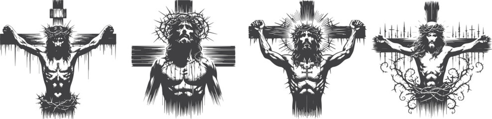 jesus christ on the cross vector set - obrazy, fototapety, plakaty