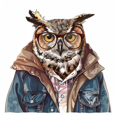 Illustration of unique design with cool funny casuals owl on white color background. Owl in clothes