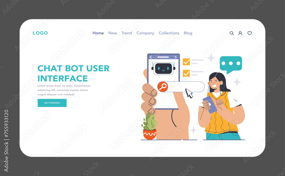 Wall mural chat bot user interface web or landing. woman interacts with digital