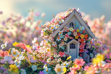 Miniature house with colorful flowers in the garden. Spring background