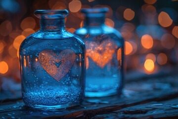 Close up capture of two glass bottles with hearts painted on them, creating a magical and loving aesthetic.