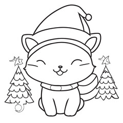 cute cat wearing a christmas hat, vector illustration line art