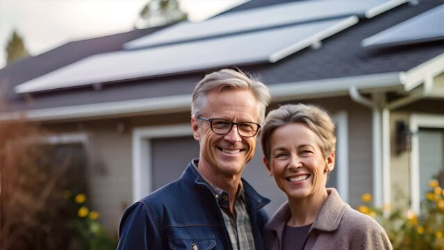 Happy Senior couple stands smiling of a house with solar panels installed