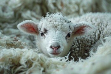 Obraz premium Adorable newborn lamb. Cute white fluffy sheep baby on nature field. Generate ai
