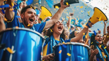 A jubilant crowd celebrates with musical instruments, smiles, and confetti in a stadium, adding to the happy atmosphere of this entertaining event. AIG41 - obrazy, fototapety, plakaty
