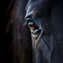 Close-Up View of a Black Horses Eye Reflecting Light in a Dimly Lit Stable. AI.