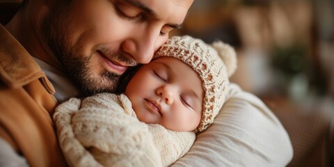 A father cradles his sleeping baby son in his arms, a tender moment of paternal love and familial bond. - obrazy, fototapety, plakaty
