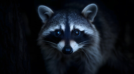Obraz premium Portrait of a Curious Raccoon Emerging From the Darkness at Night. AI.