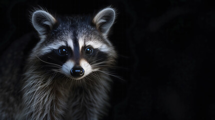Portrait of a Curious Raccoon Emerging From the Darkness at Night. AI.