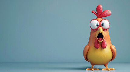 3d Cute Cartoon Surprised Chicken on a Blue Background
