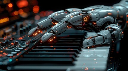 A detailed image of an advanced robotic hand placed on a keyboard, showcasing technology and robotics in action.