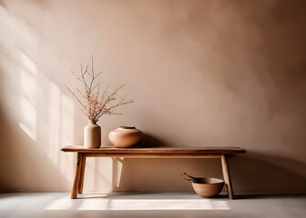 Rustic wooden bench and clay vase with branch near beige grunge stucco wall with copy space. Japandi, wabi-sabi home interior design of modern living room.