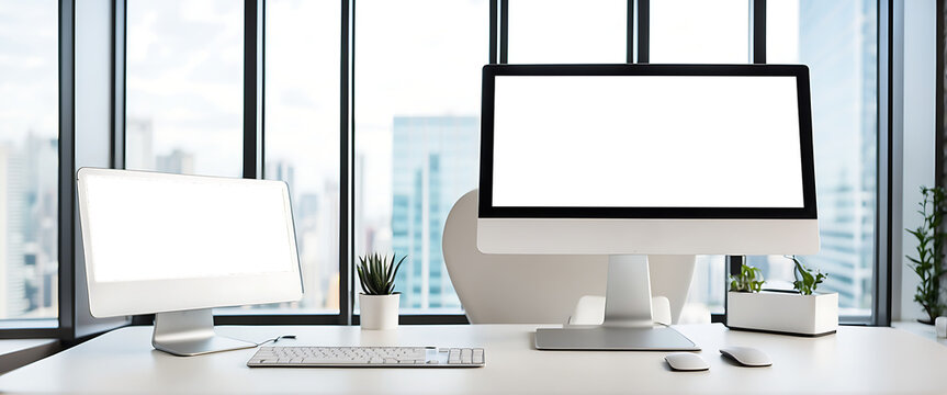 Modern Office Brightness: Blank LED Mockups Showcasing Potential in a Sleek, Sunlit Workspace Environment - PNG Cutout