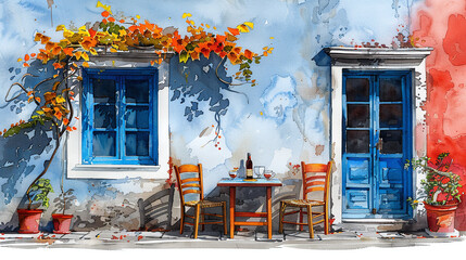 Naklejka premium greece restaurant in watercolor painting design