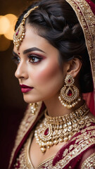 Maroon Majesty: Enchanting Portrait of an Indian Bride in a Maroon Lehenga, Embellished with Exquisite Bridal Finery, generative ai