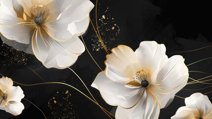 Luxury flowers with gold, black and white color modern texture art wallpaper. AI generated image