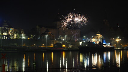 New Year's Eve Fireworks (2023-2024) at Way Chrobrego seen from across West Oder River, Szczecin...