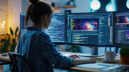 A focused software developer codes on a dual monitor setup in a modern office environment with a minimalist aesthetic. AIG41