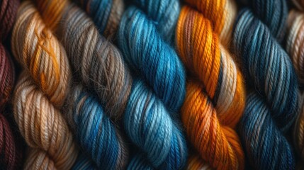 Close-up view of multiple yarn skeins in different colors, ideal for knitting and crafting projects.