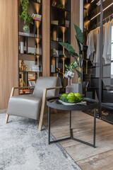 stylish dressing room with led lights in huge modern spacious apartment with high loft style ceilings, wooden decoration and grey walls