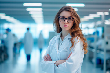 Portrait of young woman doctor or pharmacist with white lab coat standing in hospital
