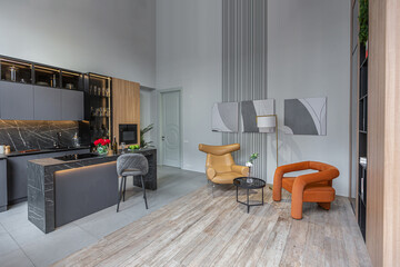 huge modern spacious apartment with high ceilings, panoramic windows with fantastic view, wooden decor, kitchen area, separate shower in greenery and dressing room