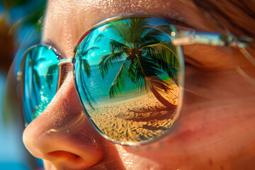 Reflection of the beach sea and palm trees in sunglasses