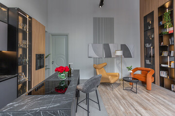 huge modern spacious apartment with high ceilings, panoramic windows with fantastic view, wooden decor, kitchen area, separate shower in greenery and dressing room