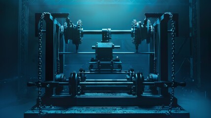A machine hums softly in a dimly lit room, bathed in eerie blue light