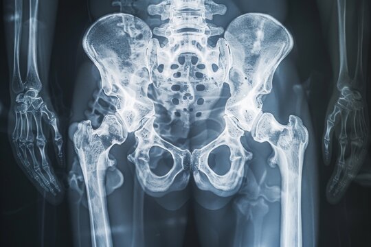 X-ray image displaying human pelvic bones - Medical X-ray image presenting a detailed view of human pelvic bones, femurs, and the lower spine area