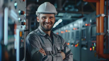Fotobehang Portrait happy smiling male engineering technician on the industrial control room. AI generated © yusufadi
