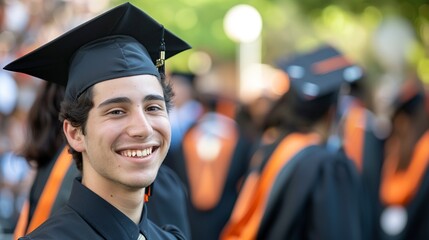 A happy and smiling young man celebrates his graduation day, radiating pride and accomplishment as he holds his diploma