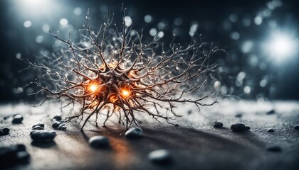 Stunning 3D representation of a neuron with glowing nodes, symbolizing neural network and brain function research