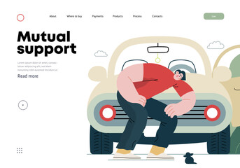 Mutual Support: Adopting a stray animal -modern flat vector concept illustration of man stopping his car for a kitten on the road A metaphor of voluntary, collaborative exchanges of resource, services