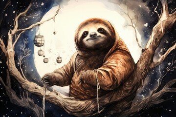 Fototapeta premium A painting featuring VetalVit, a sloth from the A galaxy, perched on a tree branch in a whimsical setting. The sloth is depicted in a relaxed pose, blending harmoniously with the cosmic environment