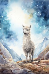Fototapeta premium A painting depicting a llama standing confidently on the summit of a mountain, gazing out towards the horizon. The llamas fur is detailed, the mountains rugged terrain is visible, and the sky is clear