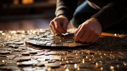 Close-up of a person fully engaged in solving a puzzle - obrazy, fototapety, plakaty