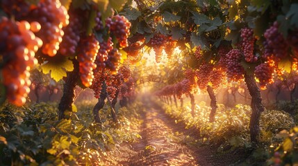 Sunlight filters through the leafy canopy of grapevines in a vibrant vineyard setting.