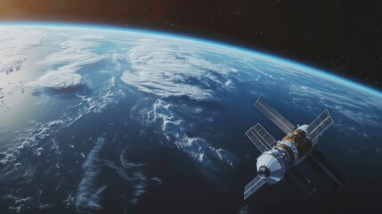 Space scene view of planet earth and spaceship on orbit outer space. AI generated image