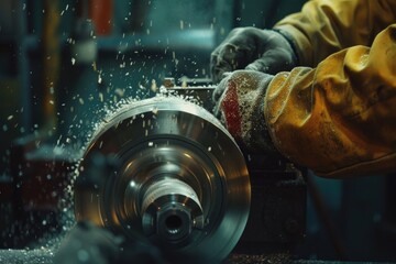 A man in a yellow jacket grinding a metal object. Suitable for industrial concepts. - obrazy, fototapety, plakaty