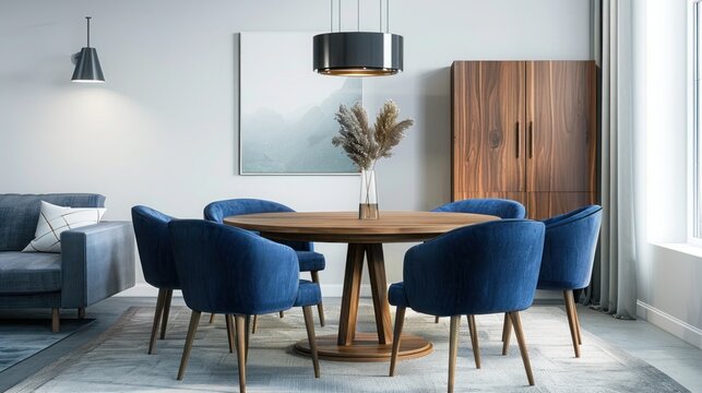 Scandinavian interior design of white living room with round wooden table and bright blue soft chairs