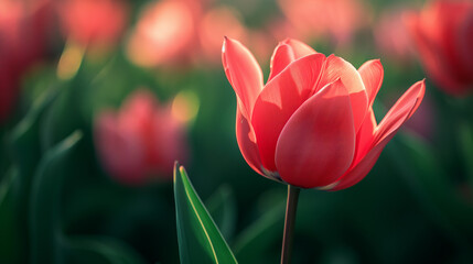 Red Tulip on Field: Close Up Macro Photography with Blurred Bokeh Background