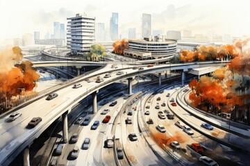 An overhead view of cars entering and exiting a freeway interchange - obrazy, fototapety, plakaty