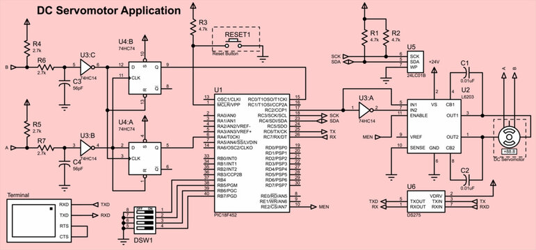 Vector electrical schematic diagram of an electronic 
device with a servo motor, external eeprom memory, 
trigger chips, logic gates. The circuit operates under 
the control of a microcontroller.