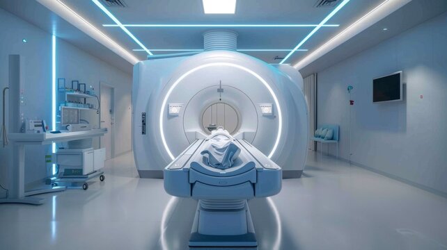 Modern MRI machine in a medical facility - The image captures a cutting-edge MRI scanner in a clean, well-lit medical facility suggestive of advanced healthcare technology