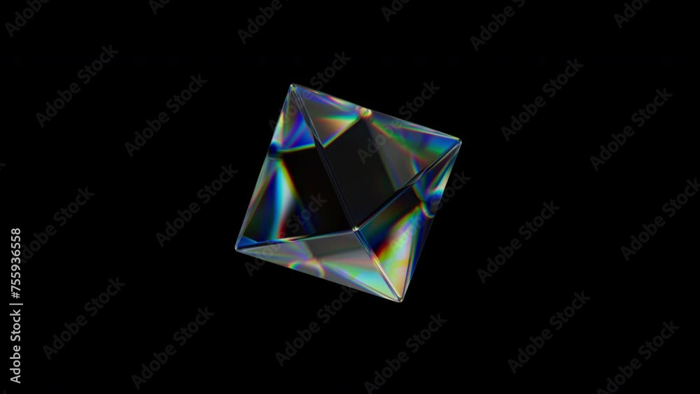 Aufkleber 3d transparent rotating glossy geometric object with dispersion effect. rainbow colors reflection gl