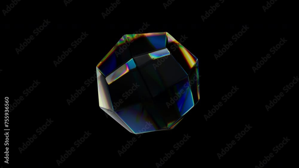 Aufkleber 3d transparent rotating glossy geometric object with dispersion effect. rainbow colors reflection gl